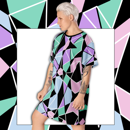 Pastel Goth Harajuku fashion t-shirt dress for men or women with geometric pastel tones of purple, pink, blue and green with black and a white overlay by BillingtonPix