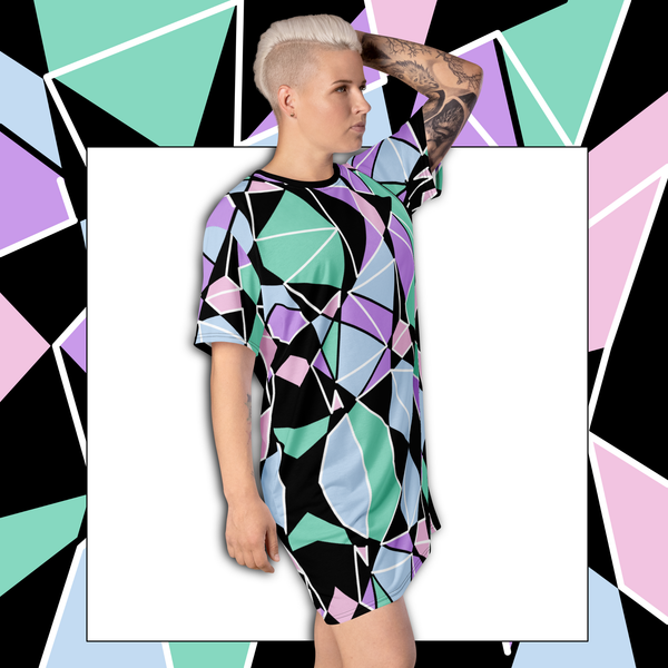 Pastel Goth Harajuku fashion t-shirt dress for men or women with geometric pastel tones of purple, pink, blue and green with black and a white overlay by BillingtonPix