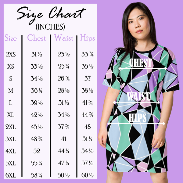 Pastel Goth Harajuku fashion t-shirt dress for men or women with geometric pastel tones of purple, pink, blue and green with black and a white overlay by BillingtonPix