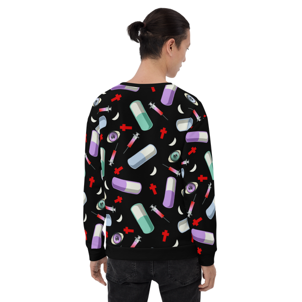 Pastel Goth Menhera Kei aesthetic all over print sublimation with pills, syringes, crosses and eyeballs for a Yami Kawaii fashion look on this black sweatshirt sweater by Billingtonpix