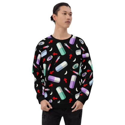 Pastel Goth Menhera Kei aesthetic all over print sublimation with pills, syringes, crosses and eyeballs for a Yami Kawaii fashion look on this black sweatshirt sweater by Billingtonpix