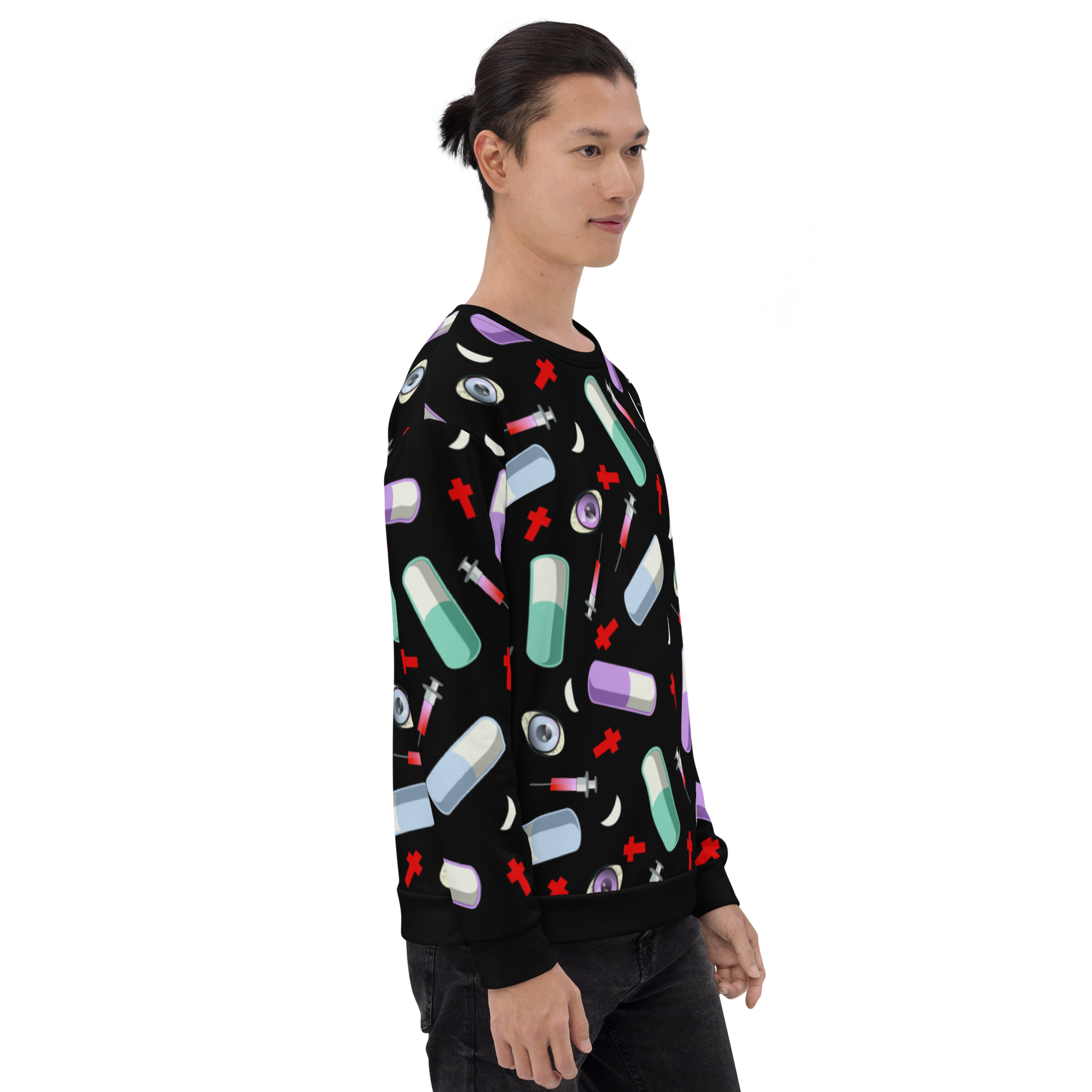 Pastel Goth Menhera Kei aesthetic all over print sublimation with pills, syringes, crosses and eyeballs for a Yami Kawaii fashion look on this black sweatshirt sweater by Billingtonpix