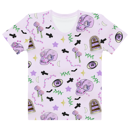 Pastel pink t-shirt for women in Harajuku pastel goth style. Features spooky skulls, crosses, mushrooms , grottos and stars on this Halloween all over print t-shirt by BillingtonPix