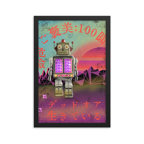 Retro futurism and Vaporwave style mashup framed poster. Displays a rogue alien robot and the declaration in Japanese that it will offer a reward of 100 YEN dead or alive for this dangerous creature. Set against a forbidding Vaporwave and Retrowave style landscape with metallic mountains and a rising sun, this Japanese style posters aims to evoke the Retro Futurism robot posters of the 1950s and 1960s in Japan and mix in some lofi Synthwave atmosphere. Design by BillingtonPix