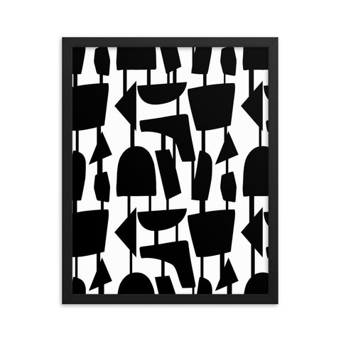 This Mid-Century Modern style poster design consists of black geometric shapes on a white background, connected by narrow tentacles to form and almost hanging mobile type abstract pattern