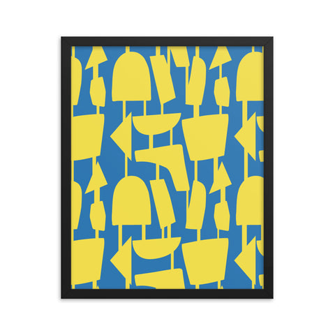 This Mid-Century Modern style poster design consists of colorful geometric shapes in illuminating yellow, connected by narrow tentacles to form and almost hanging mobile type abstract pattern on a blue background.This Mid-Century Modern style poster design consists of colorful geometric shapes in illuminating yellow, connected by narrow tentacles to form and almost hanging mobile type abstract pattern on a blue background.