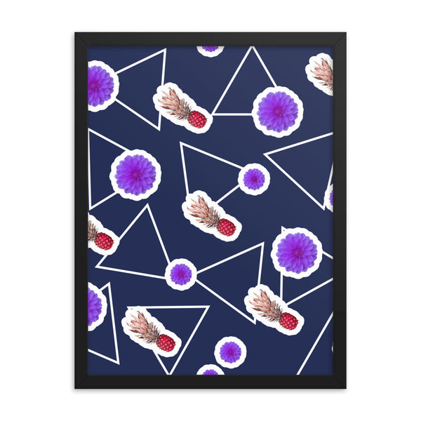 80s Memphis design pattern with deep ocean blue background, featuring pop art style purple floral and red pineapple fruit motifs with white triangle pattern.