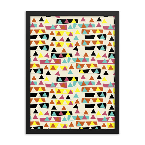Colorful blocks in orange, pink, turquoise, black and yellow overlaid with triangles in corresponding colors against a cream background in this framed mid-century modern retro style artwork inspired by Alexander Girard