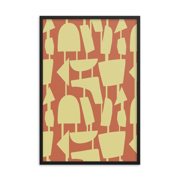 Colorful geometric shapes in mustard yellow, connected by narrow tentacles to form and almost hanging mobile type abstract pattern on an orange background