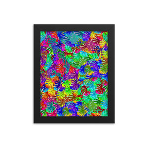 Rainbow colored pattern of circular overlays containing different tones of monstera leaves. Bright, bold and fun and teeming with 80s Memphis style influence. This framed poster art is perfect for your interior design project.