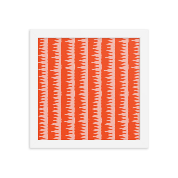This Mid-Century Modern style framed art poster design consists of colorful pink jagged columns of geometric triangular shapes stacked upon each other like columns against an orange red background