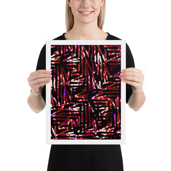 framed Red Contemporary Retro 30s Style Surface Pattern poster printed on high-quality paper, with a partly glossy, partly matte finish, from our Distorted Geometric Collection, and the crimson and purple geometric shaped tones embedded into the pattern design behind the black camouflage pattern