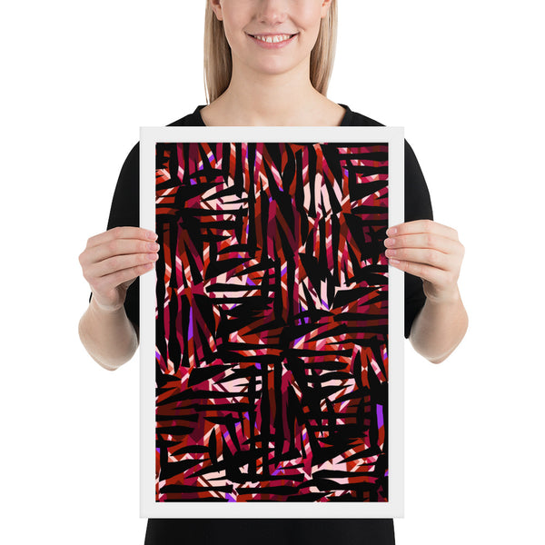 framed Red Contemporary Retro 30s Style Surface Pattern poster printed on high-quality paper, with a partly glossy, partly matte finish, from our Distorted Geometric Collection, and the crimson and purple geometric shaped tones embedded into the pattern design behind the black camouflage pattern