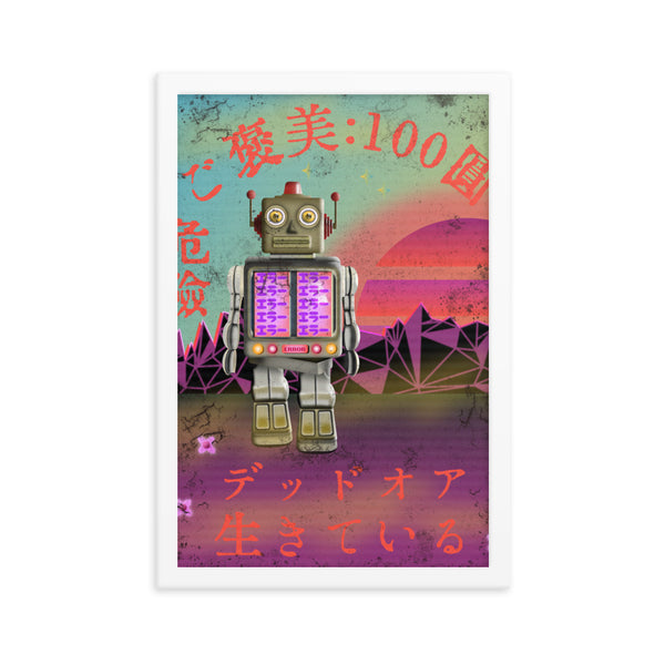 Retro futurism and Vaporwave style mashup framed poster. Displays a rogue alien robot and the declaration in Japanese that it will offer a reward of 100 YEN dead or alive for this dangerous creature. Set against a forbidding Vaporwave and Retrowave style landscape with metallic mountains and a rising sun, this Japanese style posters aims to evoke the Retro Futurism robot posters of the 1950s and 1960s in Japan and mix in some lofi Synthwave atmosphere. Design by BillingtonPix