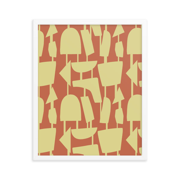 Colorful geometric shapes in mustard yellow, connected by narrow tentacles to form and almost hanging mobile type abstract pattern on an orange background