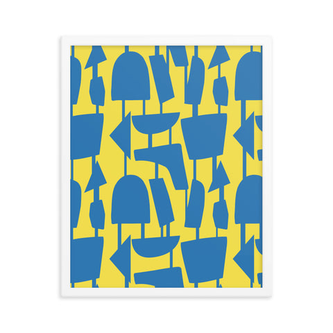 This Mid-Century Modern style poster design consists of colorful geometric shapes in blue, connected by narrow tentacles to form and almost hanging mobile type abstract pattern on an illuminating yellow background.