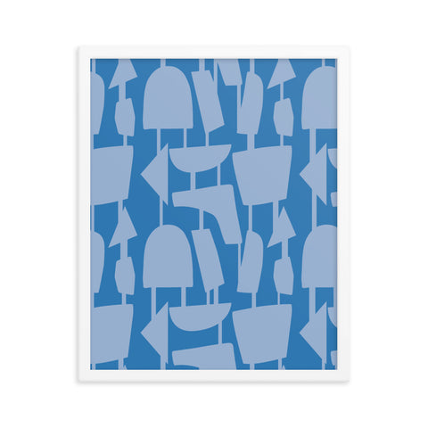 This Mid-Century Modern style poster design consists of colorful geometric shapes in light Cerulean Blue, connected by narrow tentacles to form and almost hanging mobile type abstract pattern on a French Blue background