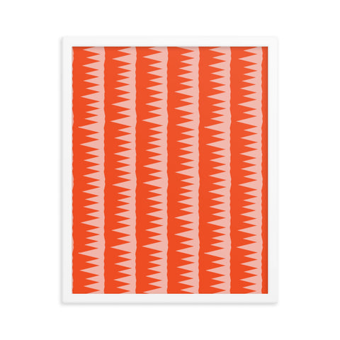 This Mid-Century Modern style framed art poster design consists of colorful pink jagged columns of geometric triangular shapes stacked upon each other like columns against an orange red background