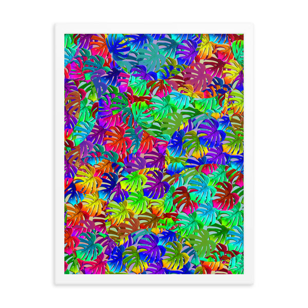 Rainbow colored pattern of circular overlays containing different tones of monstera leaves. Bright, bold and fun and teeming with 80s Memphis style influence. This framed poster art is perfect for your interior design project.
