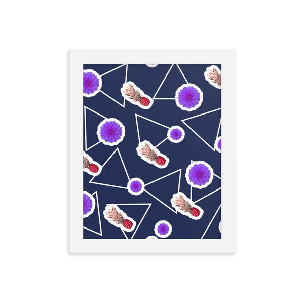 80s Memphis design pattern with deep ocean blue background, featuring pop art style purple floral and red pineapple fruit motifs with white triangle pattern.
