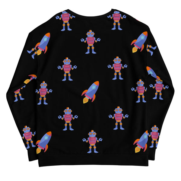 Retro style unisex sweatshirt with a colourful all-over print pattern of robots and rockets against a black background by BillingtonPix
