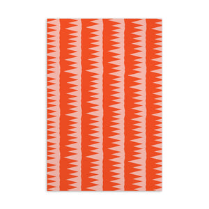 This Mid-Century Modern style postcard design consists of colorful pink jagged columns of geometric triangular shapes stacked upon each other like columns against an orange red background