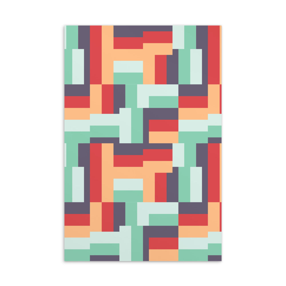 This patterned postcard has an abstract geometric pattern in summer tones of mint, aubergine, raspberry and peach