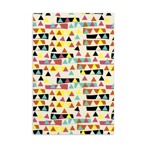 This vintage style postcard design consists of an abstract triangular pattern with triangles inside and outside blocks of colour against a cream background