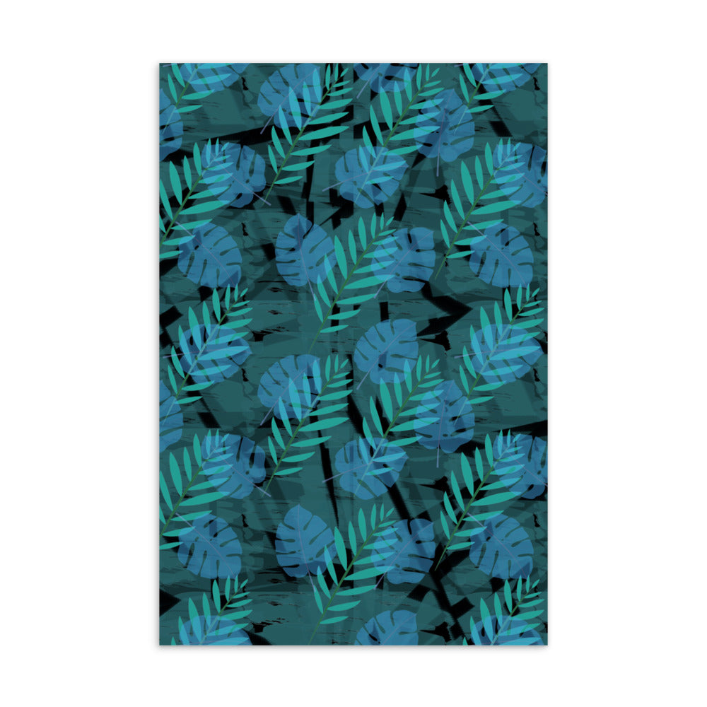 This vintage style postcard design consists of blue and turquoise leaf monstera and fern shapes against an abstract blue and black background, repeated across this awesome contemporary style surface pattern design.