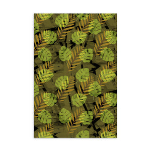 This vintage style postcard design consists of yellow and mustard colored leaf monstera and fern shapes against an abstract mustard yellow and black background, repeated across this awesome contemporary style surface pattern design.