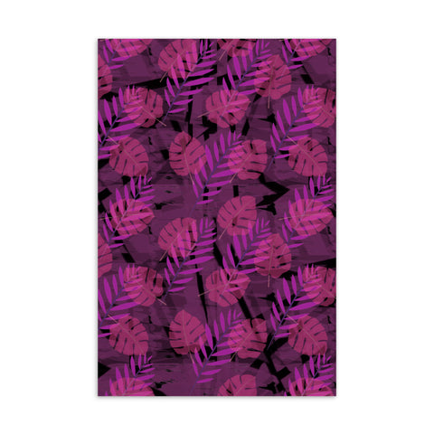 This vintage style card design consists of pink and blue monstera and fern shapes against an abstract pink and black background, repeated across this awesome contemporary style surface pattern design.