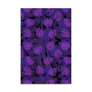 This vintage style postcard design consists of purple and blue monstera and fern shapes against an abstract purple and black background, repeated across this awesome contemporary style surface pattern design.