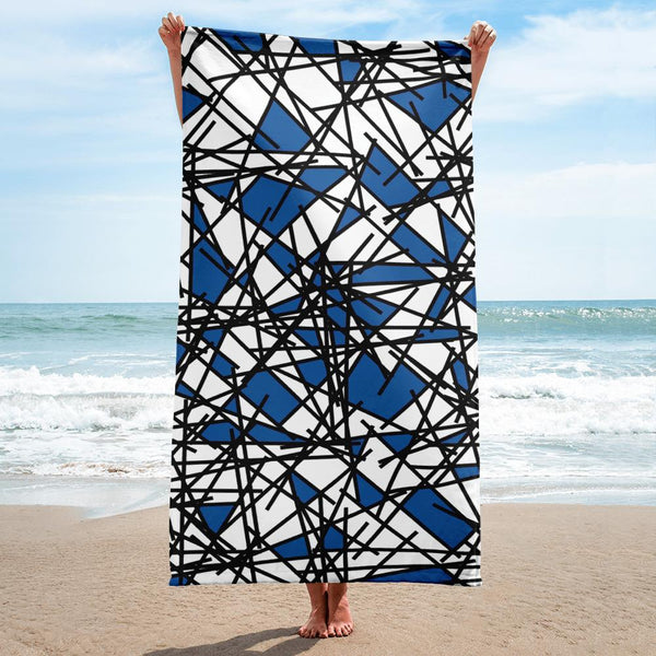 Blue and white fragmentary scribble pattern 80s memphis style bathroom or beach towel