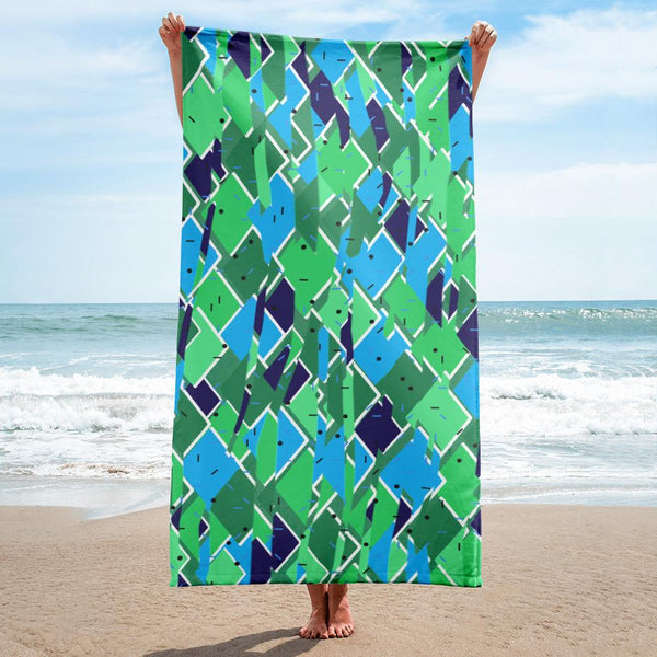 Large turquoise, green and sage colored diagonal pattern on this beach towel