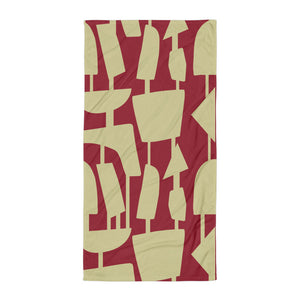  This Mid-Century Modern style beach and bathroom towel consists of cream geometric shapes, connected by narrow tentacles to form and almost hanging mobile type abstract pattern on a vermillion red background. 
