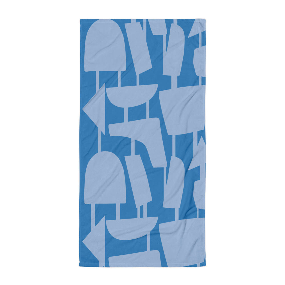 This Mid-Century Modern style bathroom and beach towel consists of cerulean blue geometric shapes, connected by narrow tentacles to form and almost hanging mobile type abstract pattern on a French blue background