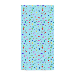 patterned powder blue 80s Memphis style confetti pattern bathroom or beach towel