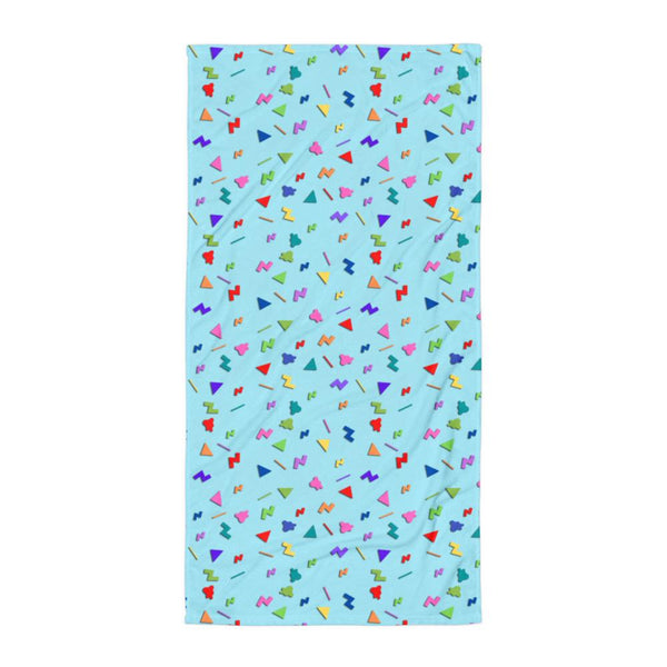 patterned powder blue 80s Memphis style confetti pattern bathroom or beach towel