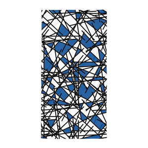 Blue and white fragmentary scribble pattern 80s memphis style bathroom or beach towel