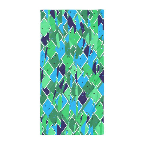 Large turquoise, green and sage colored diagonal pattern on this bathroom or beach towel