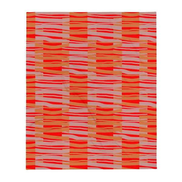 Contemporary Retro Red Fibres Abstract Pattern sofa throw blanket by BillingtonPix with pink and orange abstract fibre markings and a red background