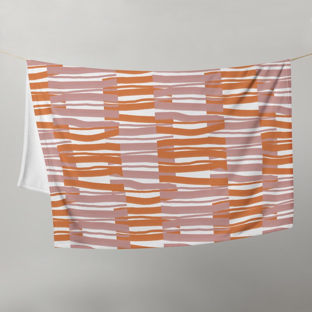 Contemporary White Fibres Abstract Pattern sofa throw blanket by BillingtonPix with pink and orange abstract fibre markings and a white background