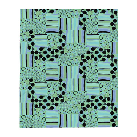 Contemporary Retro Green Memphis Kaleidoscope Abstract Pattern, with black dots, stripes and geometric shapes, by BillingtonPix