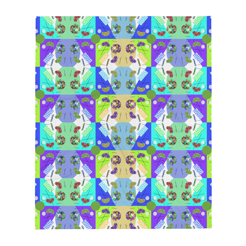 Abstract Checked Minty Blue Kaleidoscope Memphis Pattern colorful boho throw blanket by BillingtonPix, with a beautiful checked arrangement of colorful Memphis design geometric shapes