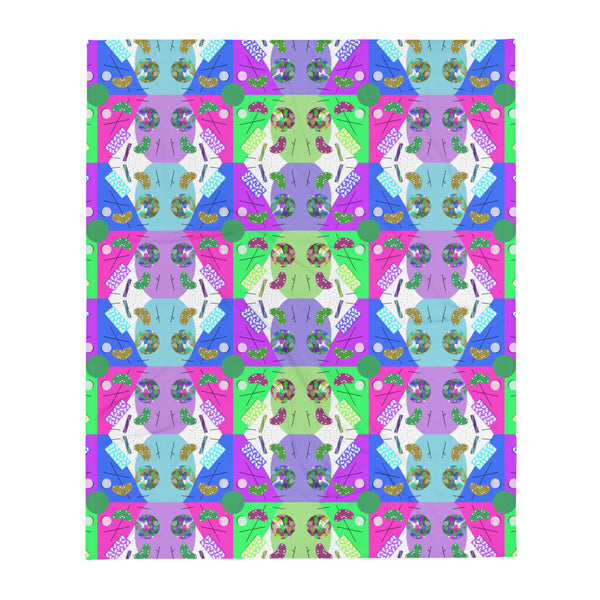 Abstract Checked Candy Kaleidoscope Memphis Pattern colorful boho throw blanket by BillingtonPix, with a beautiful checked arrangement of colorful Memphis design geometric shapes