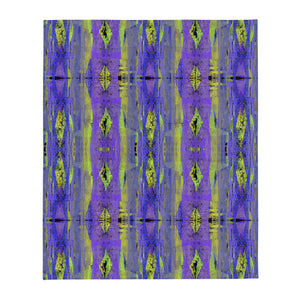 Contemporary Retro Victorian Geometric Indigo throw blanket with purple, blue and yellow tones and a geometric retro style pattern design