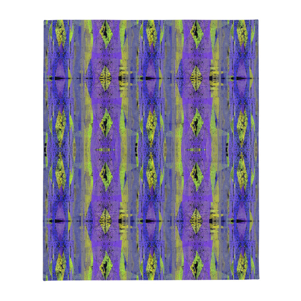 Contemporary Retro Victorian Geometric Indigo throw blanket with purple, blue and yellow tones and a geometric retro style pattern design