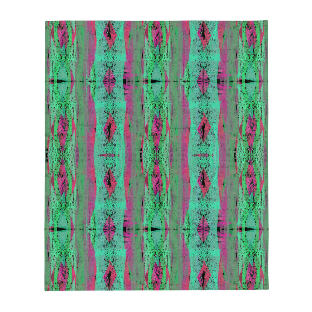 Contemporary Retro Victorian Geometric Green throw blanket by BillingtonPix with vivid green, turquoise and pink tones and a geometric retro style pattern design