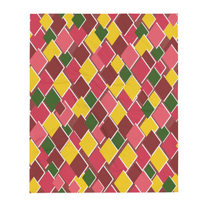 60s kitsch diamond shapes pattern in tones of yellow, green, pink and burgundy throw blanket