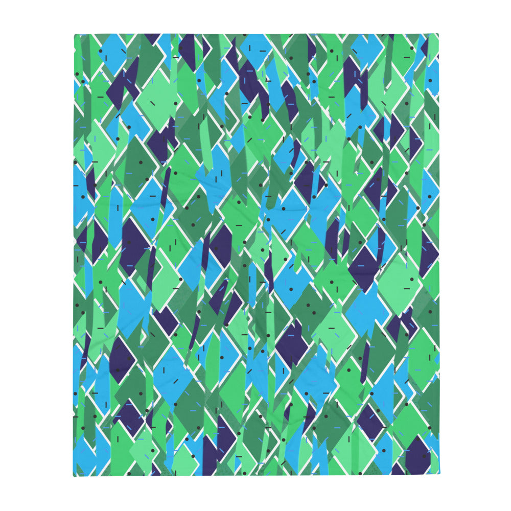 Distorted diamond pattern in tones of turquoise, sage green and navy blue, with an 80s Memphis confetti design overlay providing a contemporary retro feel to this couch throw blanket